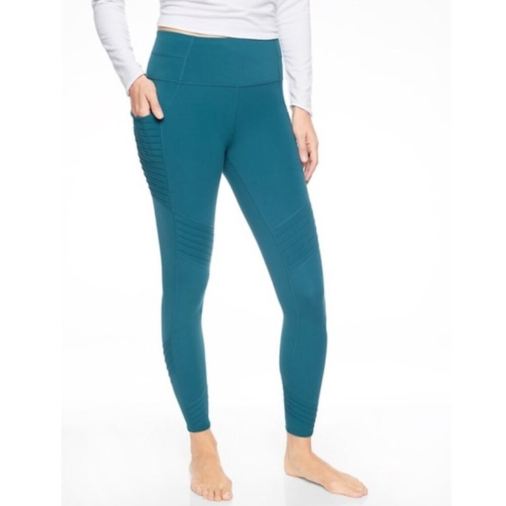 EUC Women's ATHLETA Stash Pocket Moto Tight in Powervita Teal | Size S